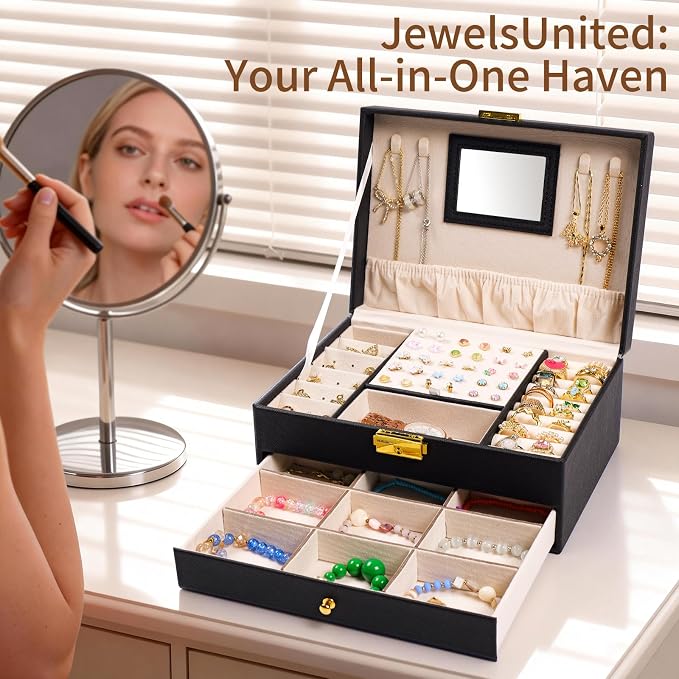 coobest Jewelry Box, 2 Layer Jewelry Organizer with Velvet Earring Organizer, Jewelry Holder Organizer Travel, White Jewelry Boxes for Women, Jewelry Boxes & Organizers for Girls, Black