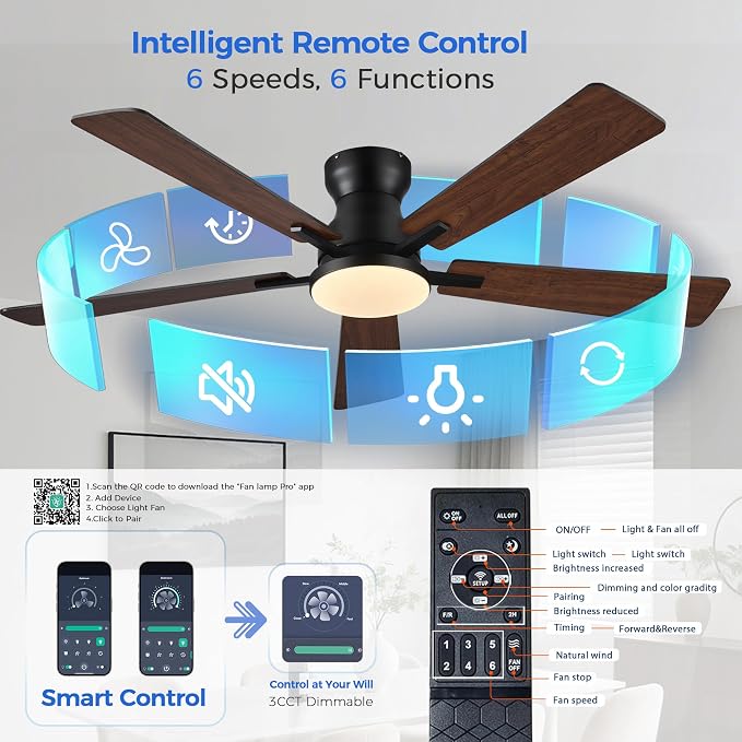 Ayaoty Ceiling Fans with Lights,52 Inch Low Profile Ceiling Fan with Light-Flush Mount Dimmable, Quiet DC Motor for Outdoor Patio,Garage,Bedroom Brown