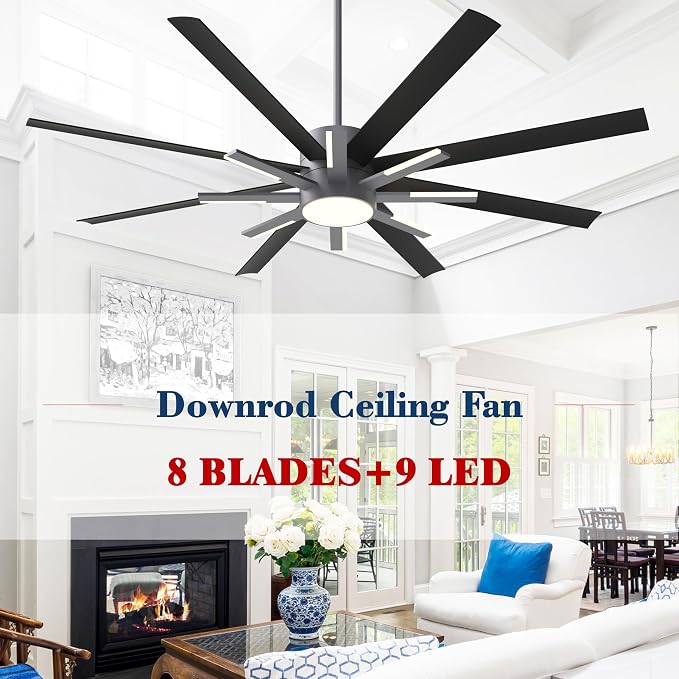 72 inch Black Ceiling Fans with Lights and Remote, Modern Large Ceiling Fan for Living Room Bedroom Patio，6 Speed Reversible，8 Blades and 9 Lights，3 CCT，Black Gray