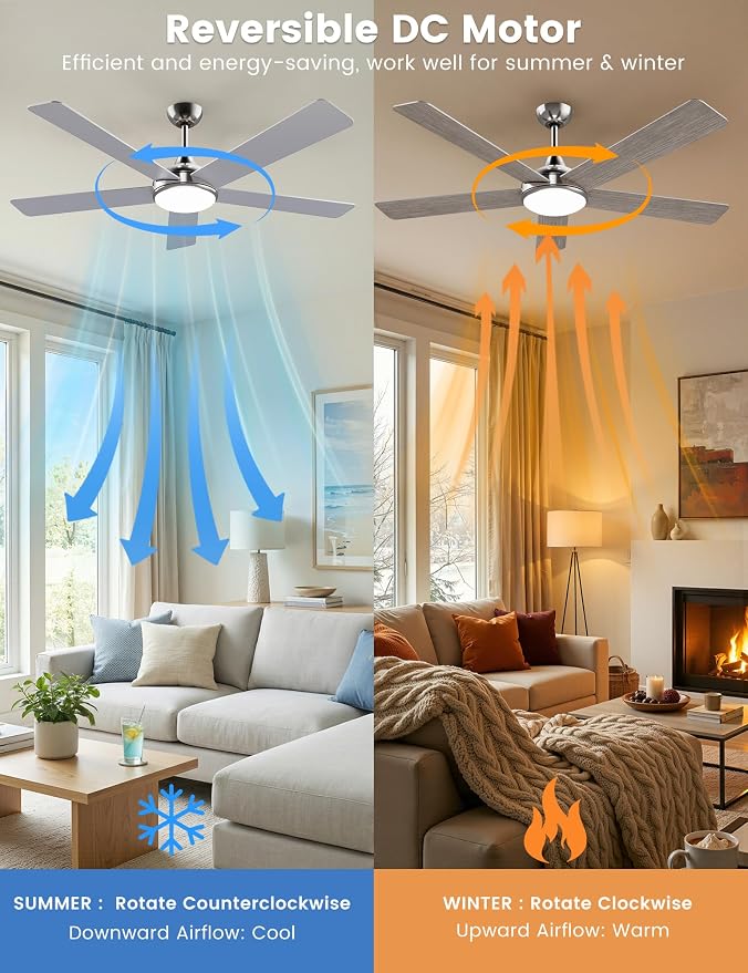 60 Inch Ceiling Fans with Lights and Remote/App Control: Brushed Nicel Ceiling Fan with Light, Quiet DC Motor, Dimmable Tri-Color LED, Modern Ceiling Fan for Bedroom/Patio, Indoor/Outdoor
