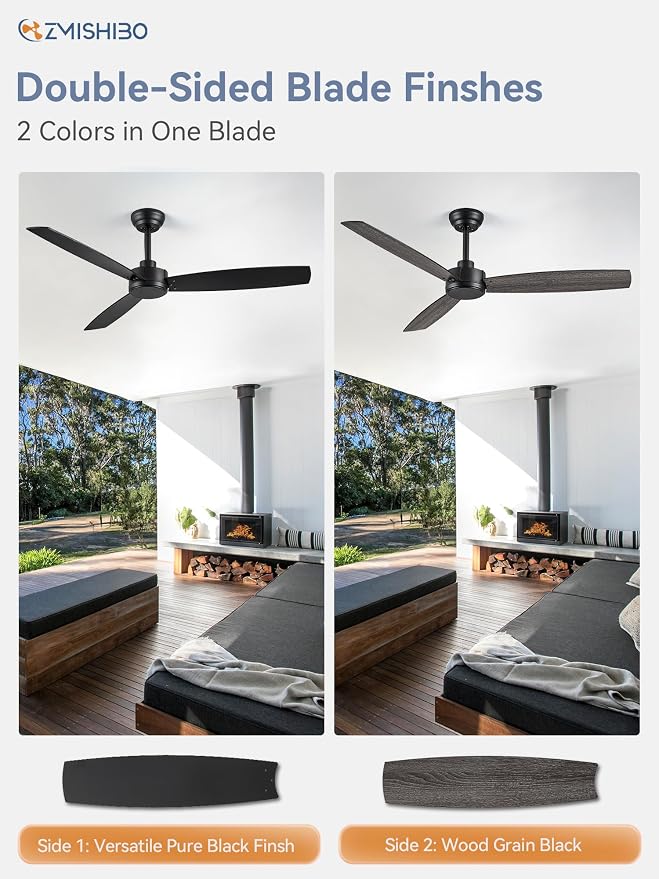 ZMISHIBO 2 Pack 52 Inch Outdoor Ceiling Fans with Remote, Black Ceiling Fan No light with Quiet Reversible DC Motor, 6 Speeds, 3 Blade Modern Ceiling Fans for Patio Living Room Bedroom Indoor