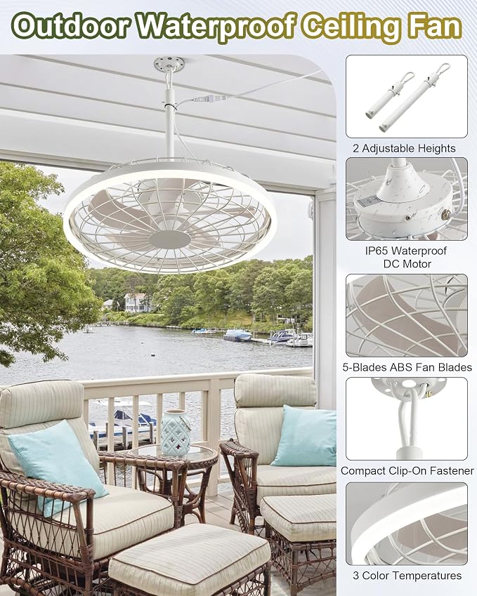 20" Gazebo Fan With Light Waterproof Ceiling Fan,5 Blade,Dimmable Color,3CCT,Alexa/Google,White Plug In Caged Outdoor Fan for Patio Backyard Family Reunions Parties