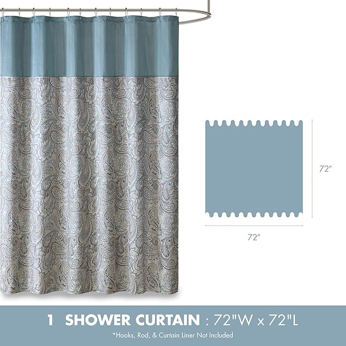 Madison Park Aubrey Shower Curtain Paisley Jacquard Pieced Microfiber Faux Silk Modern Home Bathroom Decorations Bathtub Privacy Screen, Decorative Bathroom, 72" x 72", Teal