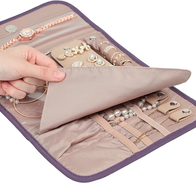 BELALIFE Travel Jewelry Case, Jewelry Organizer Roll for Accessories | Bag with foldable roll design for earrings, necklaces, rings, bracelets and brooches, Purple