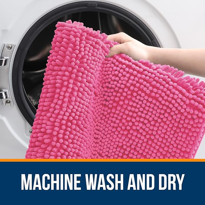 OLANLY Bathroom Rugs 35x24, Extra Soft Absorbent Chenille Bath Rugs, Rubber Backing Quick Dry, Machine Washable Bath Mats for Bathroom Floor, Tub and Shower, Home Decor Accessories, Hot Pink
