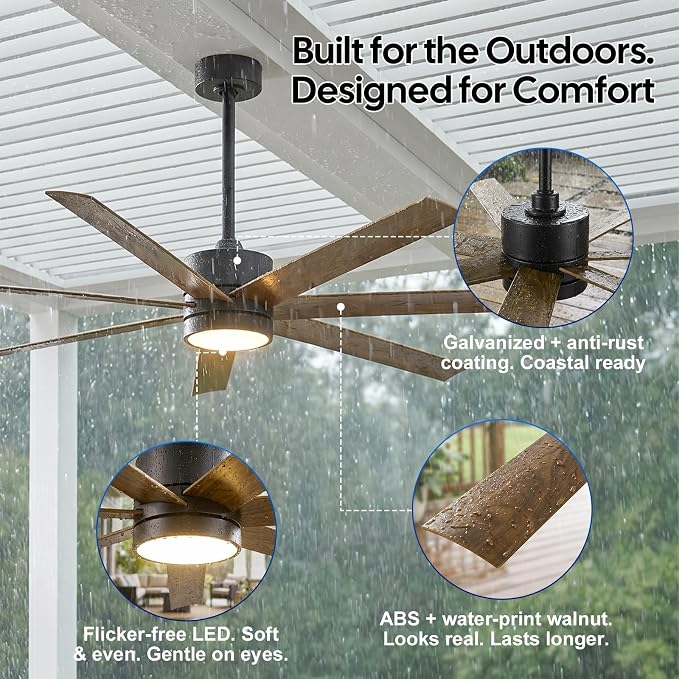 56 Inch Wet Rated Outdoor Ceiling Fan with Light, Waterproof All Weather 7 Brown Blades, Smart App/Voice/Remote Control, High CFM Quiet DC Motor & UV Coating, for Exterior Patios, Gazebo Porch Pergola
