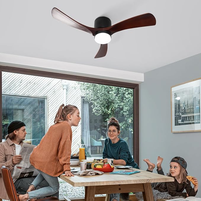 GESUM 42" Ceiling Fan with Lights Remote Control, Low Profile Ceiling Fan with 3 Walnut Wood Blades, Reversible,Dimmable, Flush Mount Ceiling Fans for Living Room Kitchen Bedroom(Black+Walnut)
