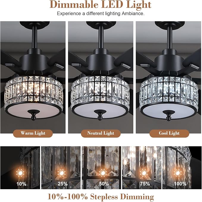 Kviflon 52 Inch Crystal Ceiling Fan with Lights and Remote/APP Control, Black Fandelier Ceiling Fan with Light, Modern Chandelier Ceiling Fan for Bedroom Living Room, Quiet DC Motor, Dimmable LED