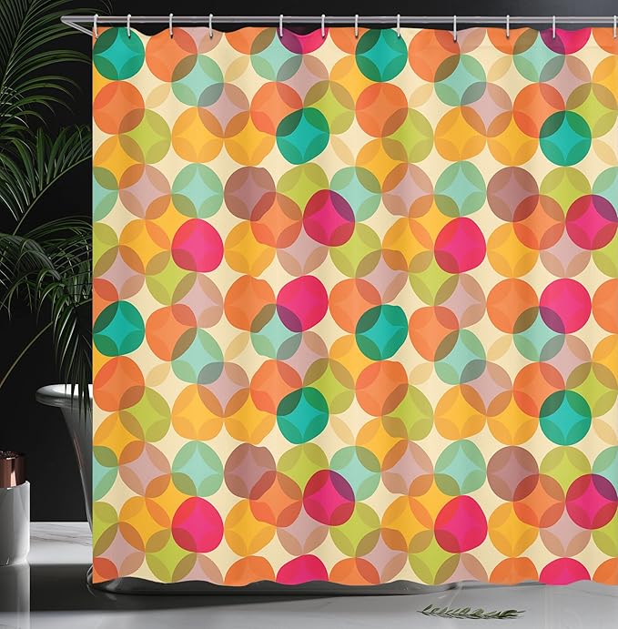 Ambesonne Vintage Shower Curtain, Retro Abstract Ornament of Mosaic Style Circle Fashionable Cheerful Round Nostalgia Art Print, Cloth Fabric Bathroom Decor Set with Hooks, 69" W x 84" L, Apple Green