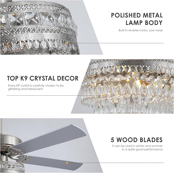 52" Silver Crystal Chandelier Ceiling Fans with Lights and Remote Control | Classical Design,6 Reversible Speeds,30W Quiet DC Motor,5 Wooden Blades,2*E12 LED Bulbs Included,for Living Room Bedroom