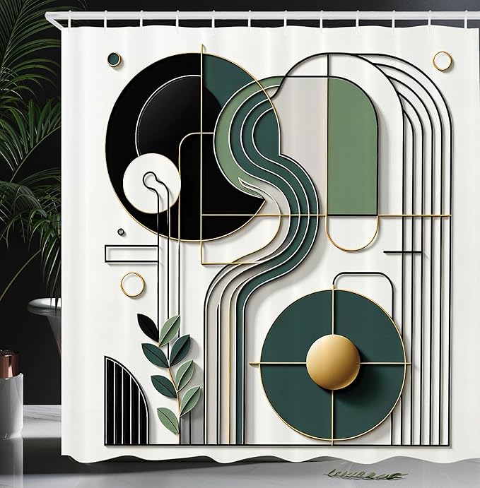 Ambesonne Modern Shower Curtain, Art Mid Century Arch Stripes and Curving Details with Rounds and Leaves, Cloth Fabric Bathroom Decor Set with Hooks, 69" W x 84" L, Petrol Blue White Green
