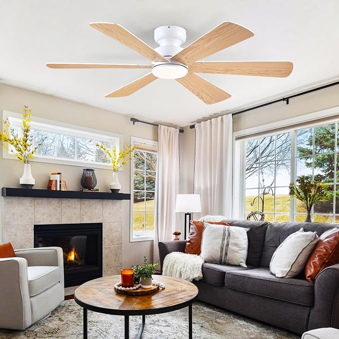 52 inch Ceiling Fans with Lights, Ceiling Fan with Remote APP, Dual-Sided Modern/Rustic 6 Blades, Reversible, 3CCT, Flush Mount Low Profile Ceiling Fan with Lights Bedroom Kitchen Indoor White