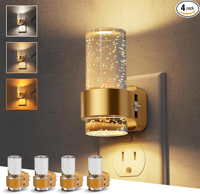 L LOHAS LED Night Lights Plug into Wall, 4 Pack Mini Dimmable Night Light | Dusk-to-Dawn, Soft White/Cool White/Amber 3 Light Color, 0-100LM Adjustable Brightness, Bubble Nightlight for Hallway