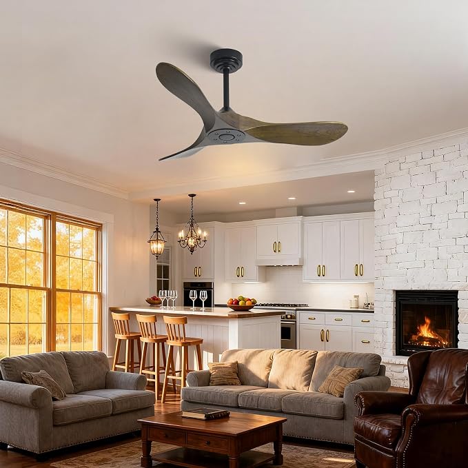 Outdoor Ceiling Fan Without Light, 42Inch Smart Ceiling Fan with Remote & Voice Control for Compatible with Alexa/Google, 3-Blade Wood Fan, Quiet DC Motor, 6 Speeds for Patio, Porch, Farmhouse
