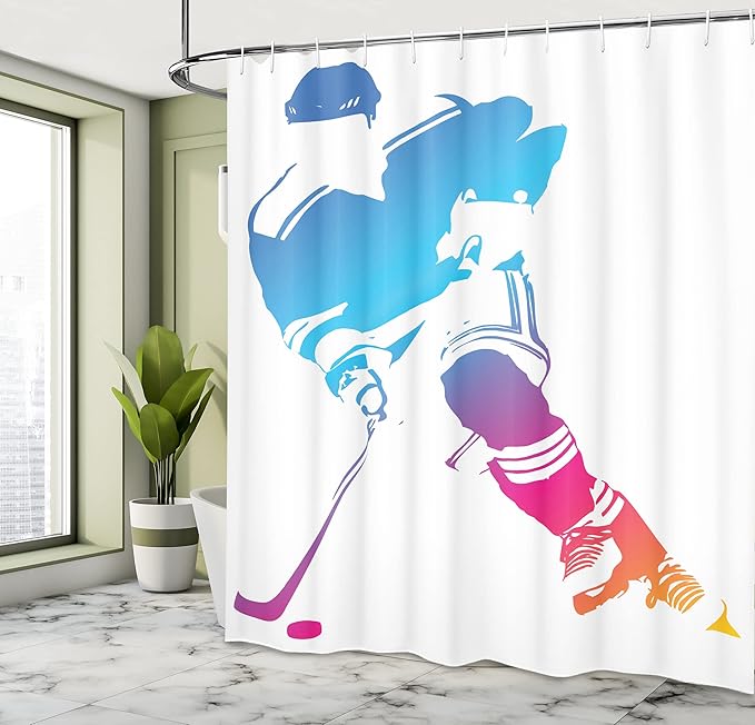 Ambesonne Sports Shower Curtain, Colorful Ombre Tone Change Man Silhouette of a Hockey Player Athlete Racing Team Play Motif, Cloth Fabric Bathroom Decor Set with Hooks, 69" W x 84" L, Magenta Orange