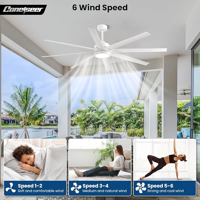 Modern Ceiling Fans with Lights, 72 Inch Ceiling Fan with Remote for Bedroom Living Room Kitchen Library Cafe Outdoor/Industrial Use,24W 6CCT 8 Blades 6 Speed Reversible Quiet DC Motor, White