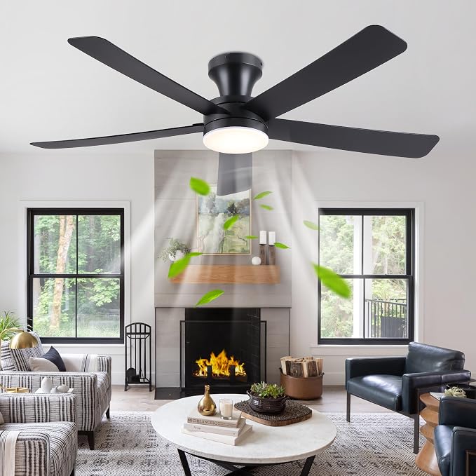 Ayaoty Ceiling Fans with Lights,46" Black Flush Mount Ceiling Fan Light with ABS Blades Reversible,3CCT Dimmable, Low Profile Fan Light for Indoor Modern Bedroom, Kitchen