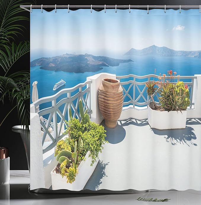 Ambesonne Landscape Shower Curtain, Santorini Island Greece Aegean Sea Trees Flowers Clear Sky Photo Print, Cloth Fabric Bathroom Decor Set with Hooks, 69" W x 70" L, Blue White