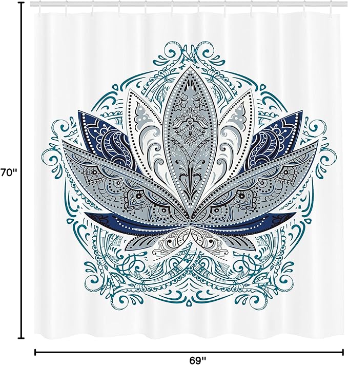 Ambesonne Lotus Shower Curtain, Flower Bloom Ornaments Exotic Petals Oriental Traditional Boho Design, Cloth Fabric Bathroom Decor Set with Hooks, 69" W x 70" L, Navy Grey