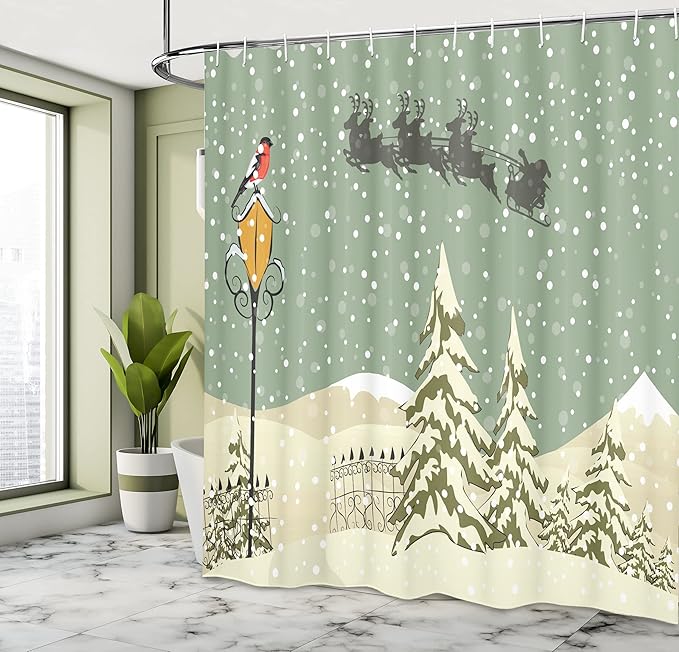 Ambesonne Christmas Shower Curtain, Santa Claus Flying Reindeer Christmas Composition Winter Season, Cloth Fabric Bathroom Decor Set with Hooks, 69" W x 84" L, Beige Green White
