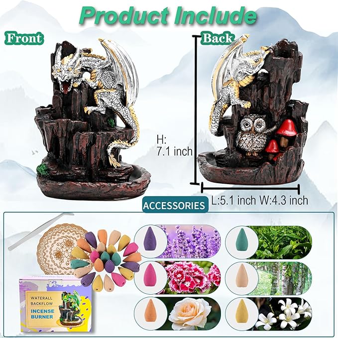 Dragon Backflow 2 Sided Mountain Waterfall Incense Burner,Fountain Smoke Incense Holder with Backflow Incense Cones, Tweezers, Mat，Resin Aromatherapy Meditationvaiuk (Silver)