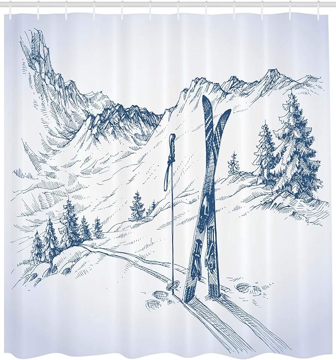Ambesonne Winter Shower Curtain, Sketchy Graphic of a Downhill Ski Elements in Snow Relax Calm View, Cloth Fabric Bathroom Decor Set with Hooks, 69" W x 75" L, Pale Blue White