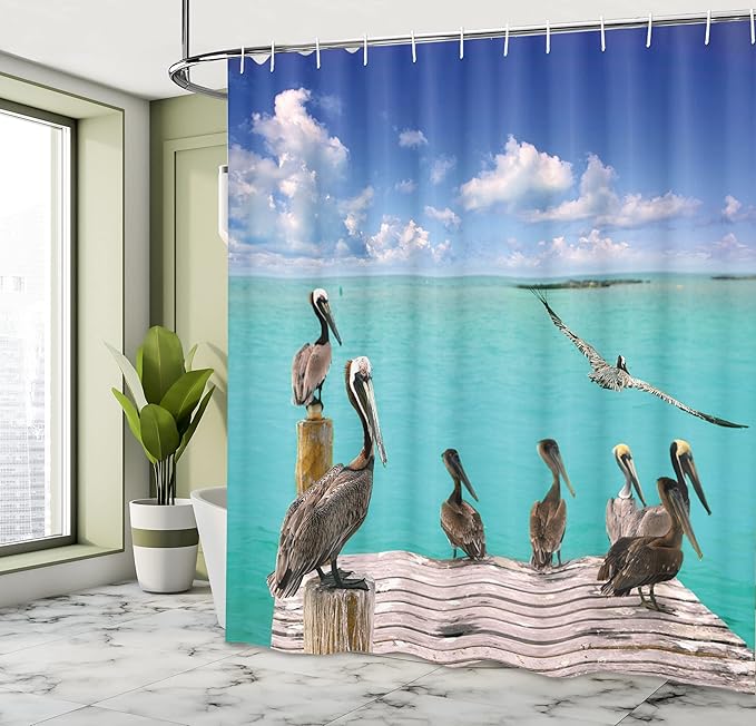 Ambesonne Landscape Shower Curtain, Tropical Sea View with Exotic Birds Pelicans Caribbean Beach Tranquil Photo, Cloth Fabric Bathroom Decor Set with Hooks, 69" W x 84" L, Blue Aqua