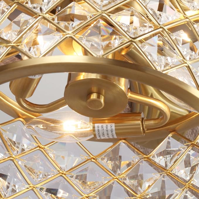 52" Modern Drum Crystal Ceiling Fan with Light, Luxury Brushed Gold Fandelier, Diamond Lattice Metal Cage, Quiet 3-Speed Motor, Elegant Chandelier Fan for Living Room Bedroom