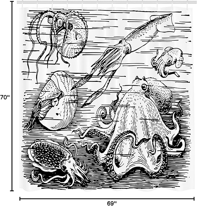 Ambesonne Octopus Shower Curtain, Marine Wildlife Print Animals with Tentacles Octopus Squid Shrimp Ocean Nature, Cloth Fabric Bathroom Decor Set with Hooks, 69" W x 70" L, Black White