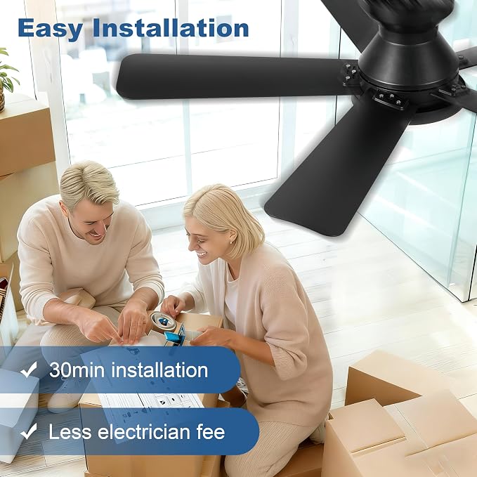Hywyimlait Black 42Inch Ceiling Fan Light with Remote Control, Flush Mount Installation, Reversible Rotation, 3 Color Temperatures, 2/4H Timer, Suitable for Bedrooms, Living Rooms, Indoor/Outdoor Use