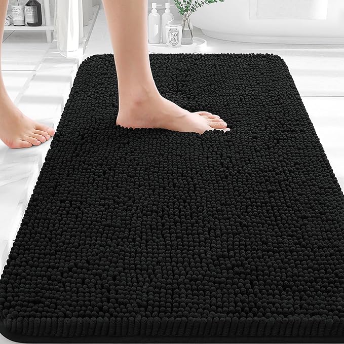 OLANLY Bathroom Rugs 35x24, Extra Soft Absorbent Chenille Bath Rugs, Rubber Backing Quick Dry, Machine Washable Bath Mats for Bathroom Floor, Tub and Shower, Home Decor Accessories, Black