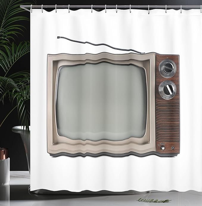 Ambesonne 1950s Shower Curtain, Simple Old Television Antenna Broadcast Display Antique TV Historic Movie Screen on Plain Background, Cloth Fabric Bathroom Set with Hooks, 69" W x 75" L, White Umber