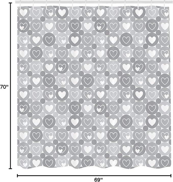 Ambesonne Grey Shower Curtain, Geometrical Hearts and Happiness and Love Romantic Valentine Happiness Flat, Cloth Fabric Bathroom Decor Set with Hooks, 69" W x 70" L, White