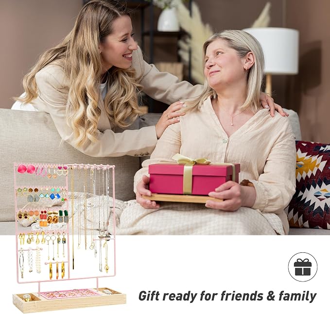 ProCase Jewelry Organizer Stand Earring Holder Organizer, 6 Tiers Earring Organizer Tree Necklace Rack Jewellery Tower Bracelets Holder Storage with Removable Wooden Ring Tray for Women Girls -Pink