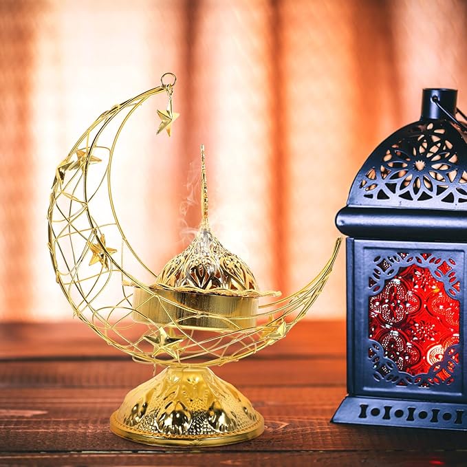 Zerodeko Arabic Incense Holder, Middle East Ramadan Incense Burner Arab Crescent Tea House Censer Handheld Aroma Furnace for Muslim Islam Festival Decoration Golden