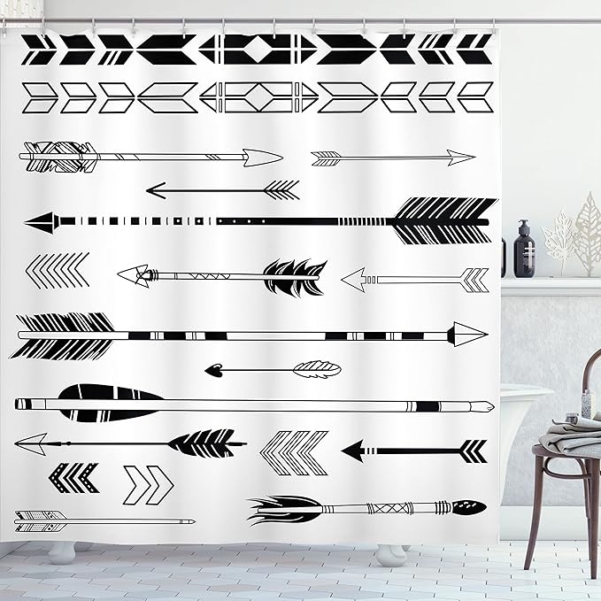 Ambesonne Arrow Shower Curtain, Indie Western Arrows Traditional Folk Culture Print, Cloth Fabric Bathroom Decor Set with Hooks, 69" W x 70" L, White and Black