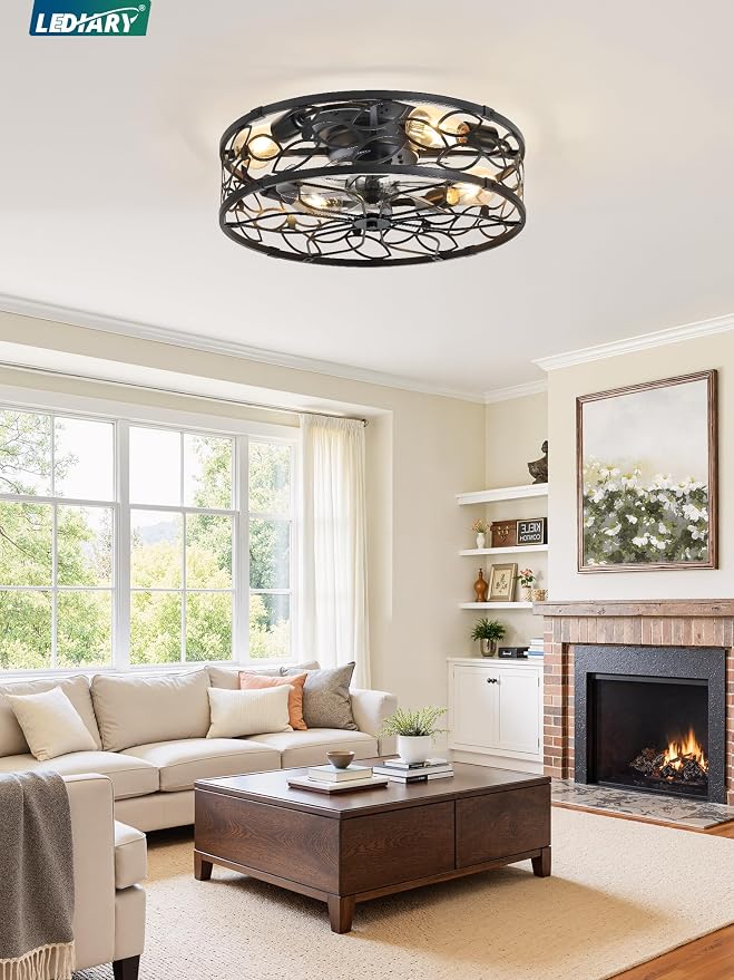 LEDIARY 20 Inch Caged Ceiling Fans with Lights, Black Flush Mount Ceiling Fan with Remote, Low Profile Bladeless Ceiling Fan Light Fixture for Bedroom, Kitchen, Dining Room