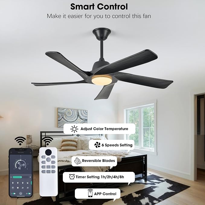 Ceiling Fan with Light, 52 Inch Solid Wood Ceiling Fans, Remote and APP Control, 3-color Dimmable, DC Motor, 6-speed Reversible, for Bedroom, Living Room, Black