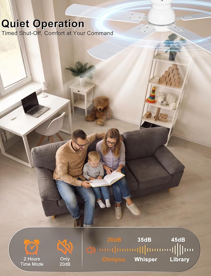 Ohniyou Ceiling Fans with Lights, 52 Inch Low Profile Ceiling Fan with Light and Remote/APP Control, Flush Mount, Dimmable, Quiet DC Motor, White Ceiling Fan for Bedroom, Living Room