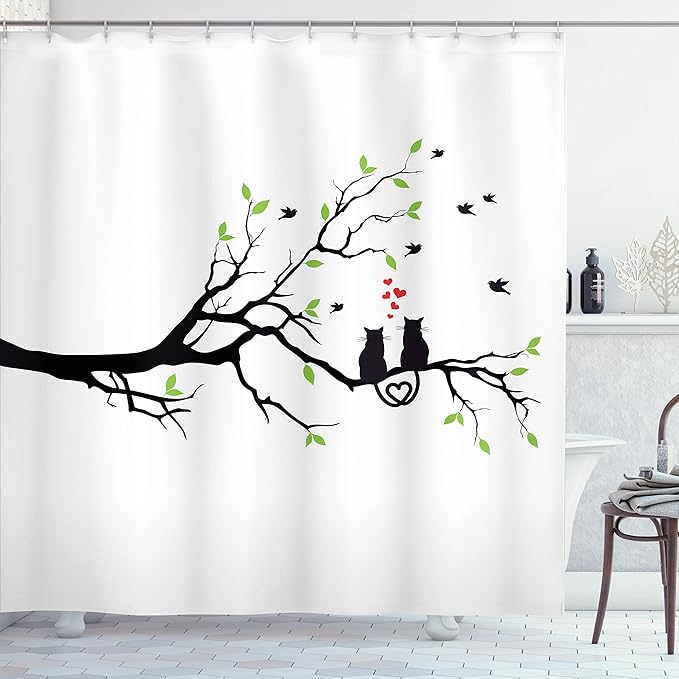 Ambesonne Cat Lover Shower Curtain, Cats in Love on Tree Branch with Flying Birds Nature Romance Illustration, Cloth Fabric Bathroom Decor Set with Hooks, 69" W x 84" L, Lime Green