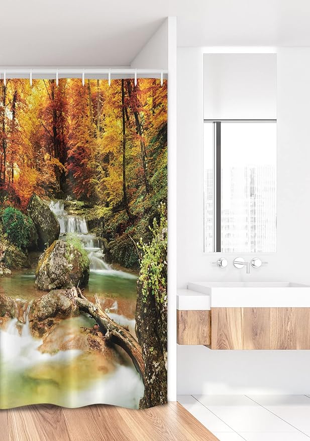 Ambesonne Waterfall Stall Shower Curtain, Autumn Seasonal Woodland Creek Trees Foliage Rocks in Forest Image, Fabric Bathroom Decor Set with Hooks, 36" W x 72" L, Coffee Orange
