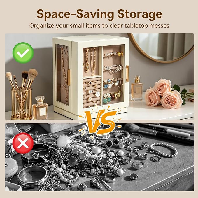 GUOER Jewelry Box for Women, 360° Rotating Jewelry Organizer, Beige | 5 Drawers & Glass Display, Large Storage Case for Necklaces/Earrings/Rings, PU Leather, 8.7x6.9x11.2 in