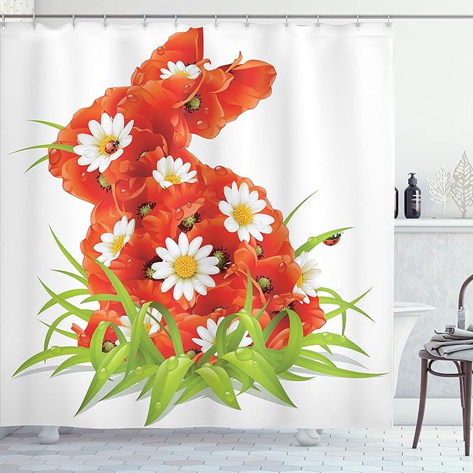 Ambesonne Ladybugs Shower Curtain, Spring Flowers in Shape of Easter Rabbit Wild Nature Camomile Blooms Grassy, Cloth Fabric Bathroom Decor Set with Hooks, 69" W x 70" L, Red White Green