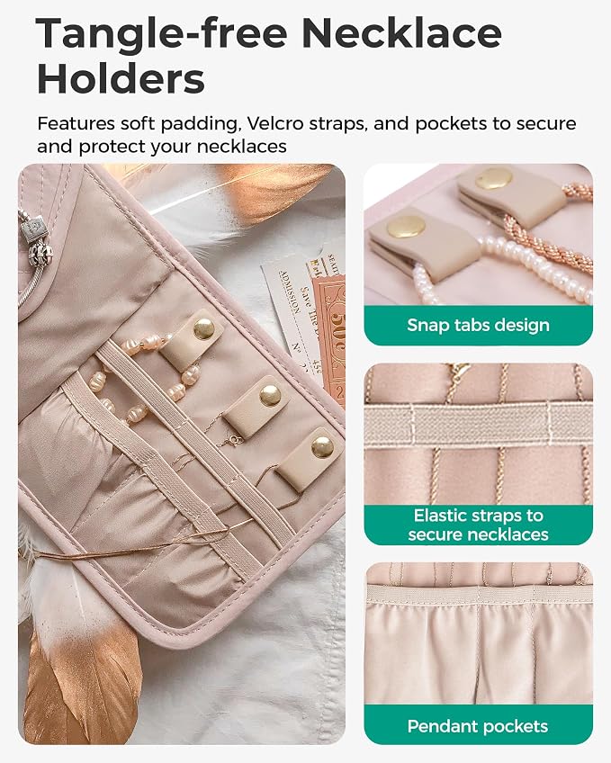 BAGSMART Travel Jewelry Organizer Case M Initial Foldable Jewelry Roll for Journey Rings, Necklaces, Earrings, Bracelets,Mini,Letter M,Soft Pink