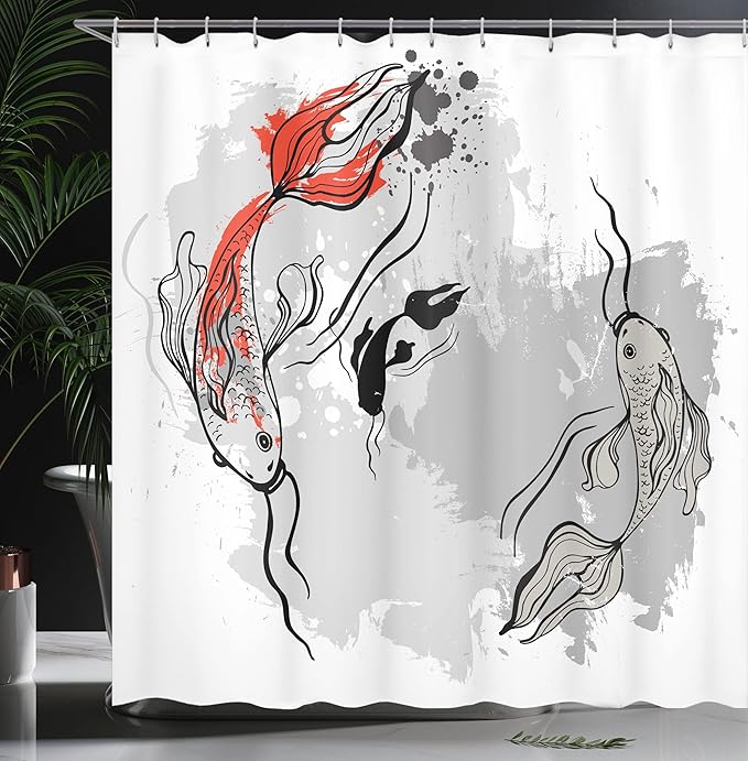 Ambesonne Japanese Shower Curtain, Japanese Style Aesthetic Digital Motley Koi Fish Marine Underwater Theme Print, Cloth Fabric Bathroom Decor Set with Hooks, 69" W x 75" L, Orange Grey