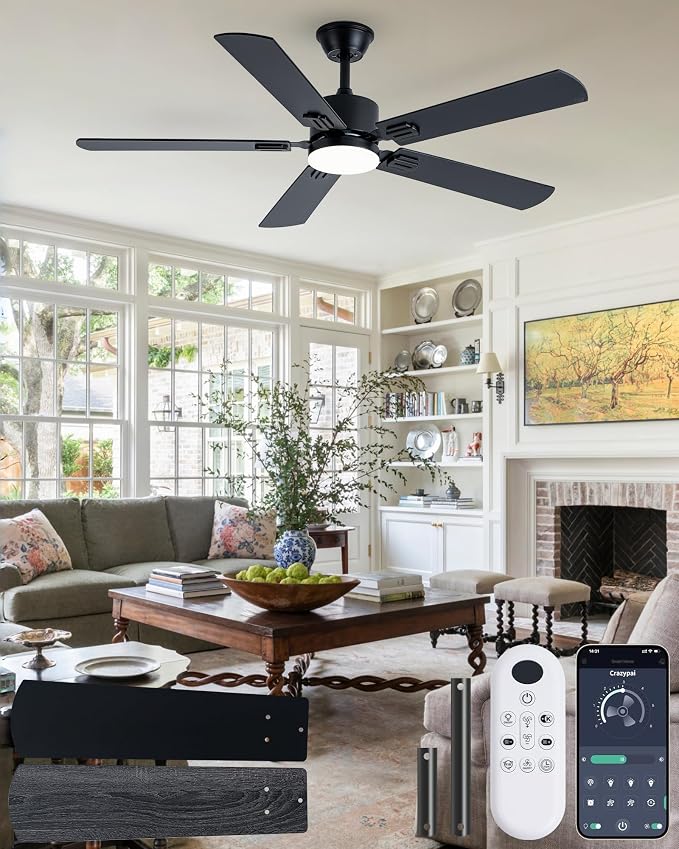 Coolwind Black Ceiling Fan with Display Remote/APP Control, 52 Inch Noiseless Modern 5 Blade Ceiling Fan with 8 Speeds & 3CCT, Dimmable, Timer, DC Reversible Motor for Bedroom, Living Room