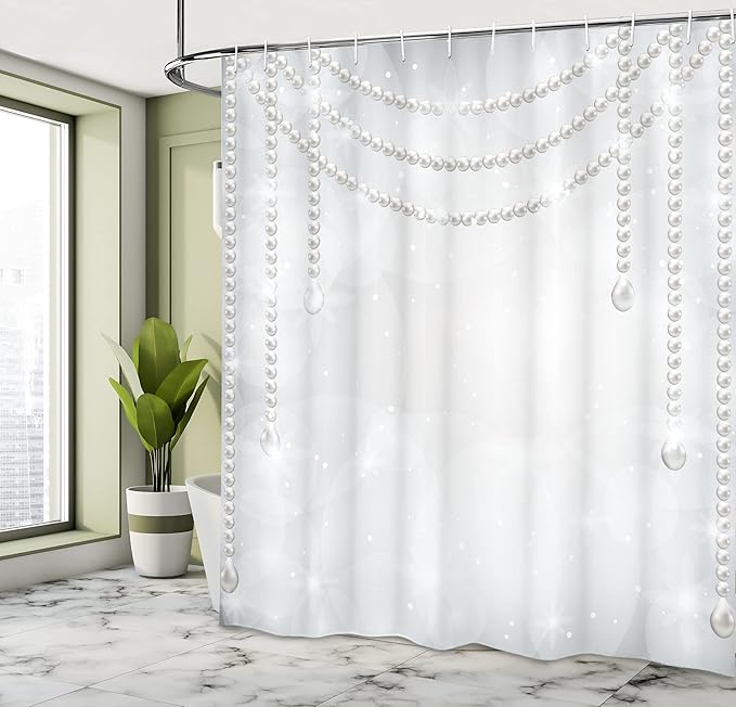 Ambesonne Pearls Shower Curtain, Diamonds Stones and Pearls Hanging Necklace Bridal Wedding Theme Image, Cloth Fabric Bathroom Decor Set with Hooks, 69" W x 75" L, Ivory Grey