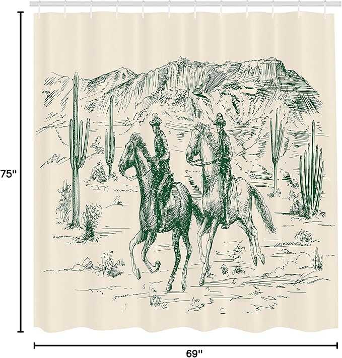 Ambesonne Western Shower Curtain, Country Theme Hand Drawn Illustration of American Wild West Desert with Cowboys, Cloth Fabric Bathroom Decor Set with Hooks, 69" W x 75" L, Jade Green