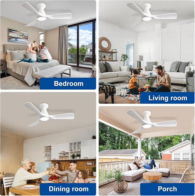 Depuley 42-Inch Ceiling Fans with Lights: White 3 Blade Flush Mount Low Profile Ceiling Fan for Bedroom - Dimmable Indoor Outdoor Fan with Remote Control Ultra Quiet DC Motor Timer