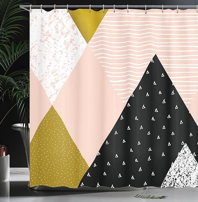 Ambesonne Geometric Shower Curtain, Abstract Composition Hand Drawn Vintage Texture Dots Lines Triangles Modern Art, Cloth Fabric Bathroom Decor Set with Hooks, 69" W x 84" L, Multicolor Blush Black